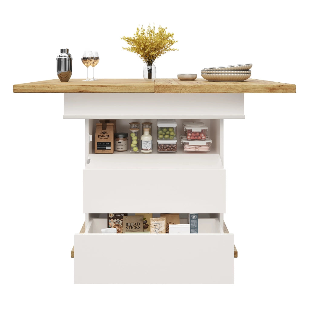 Tavolo da pranzo estensibile con piano a struttura unica; sportello pieghevole magnetico; vano nascosto; per cucina e soggiorno; in MDF e metallo; bianco; 110 × 80 × 75 cm