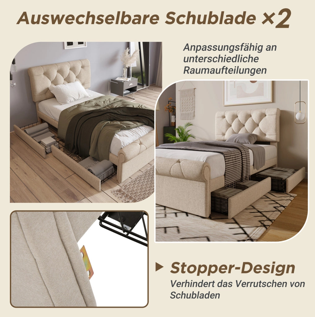 Letto singolo 90x200 cm con 2 cassetti e testiera regolabile