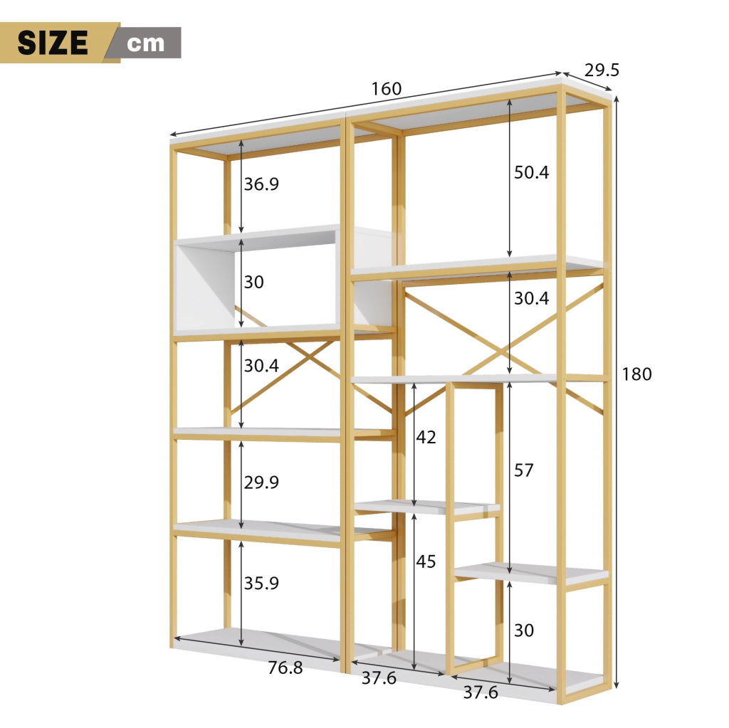 Libreria a ripiani aperti 160x29;5x180 cm in MDF e metallo; bianco e oro