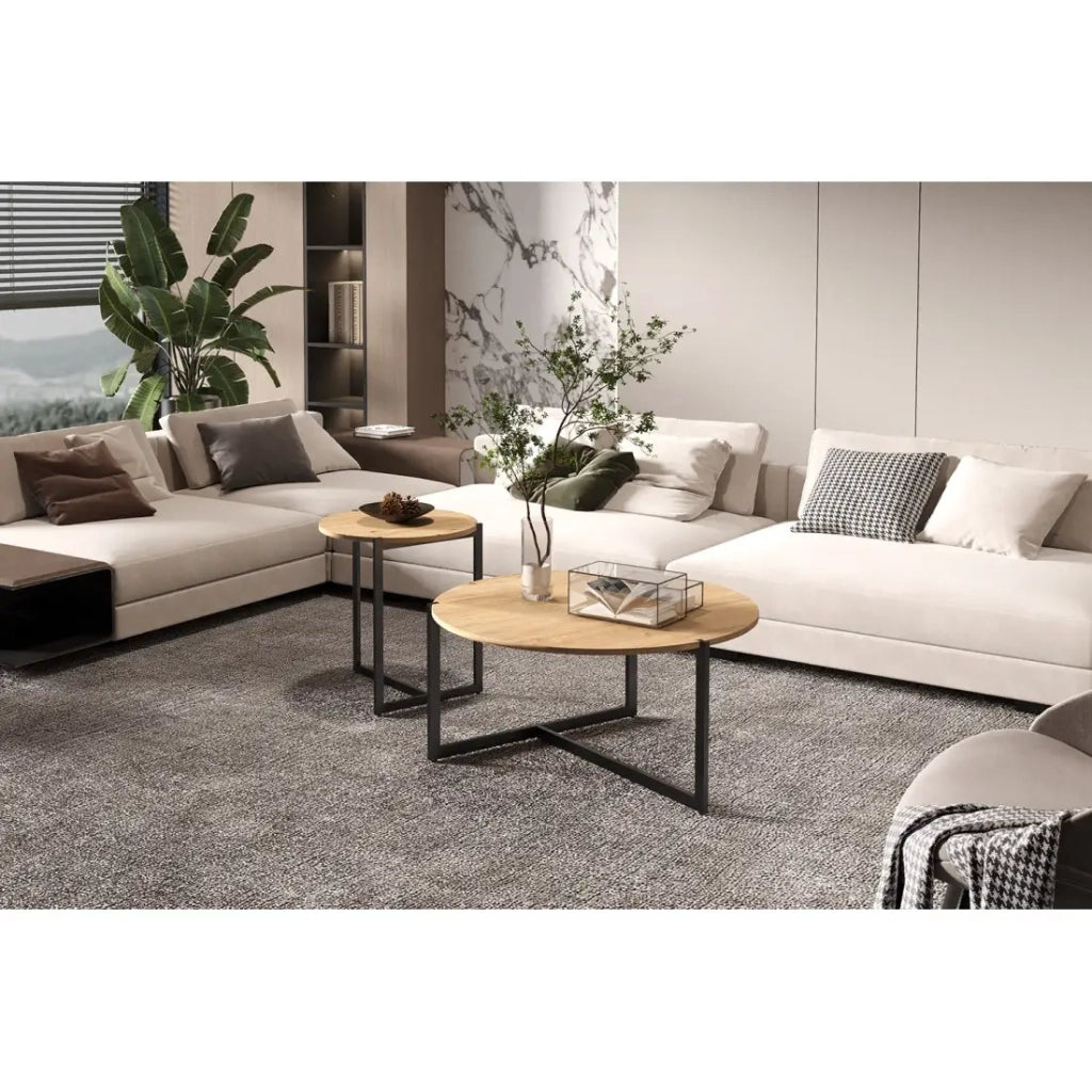 Set di due tavolini rotondi in stile industriale collezione BIANCA - Colore rovere chiaro e nero.