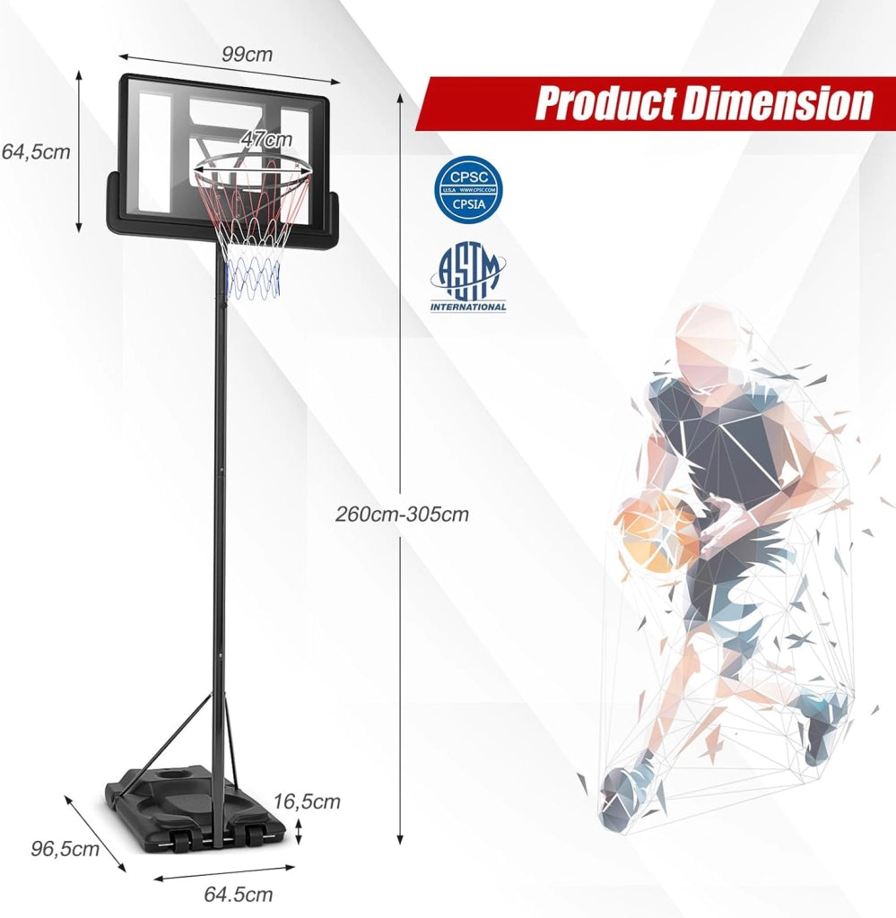 Canestro Basket per Esterno in PE e PVC, 6 Livelli di Altezza Regolabile 180-305 cm, Supporto da Basket Portatile con Ruote, Base, Pallacanestro per Interni, per Bambini e Adulti