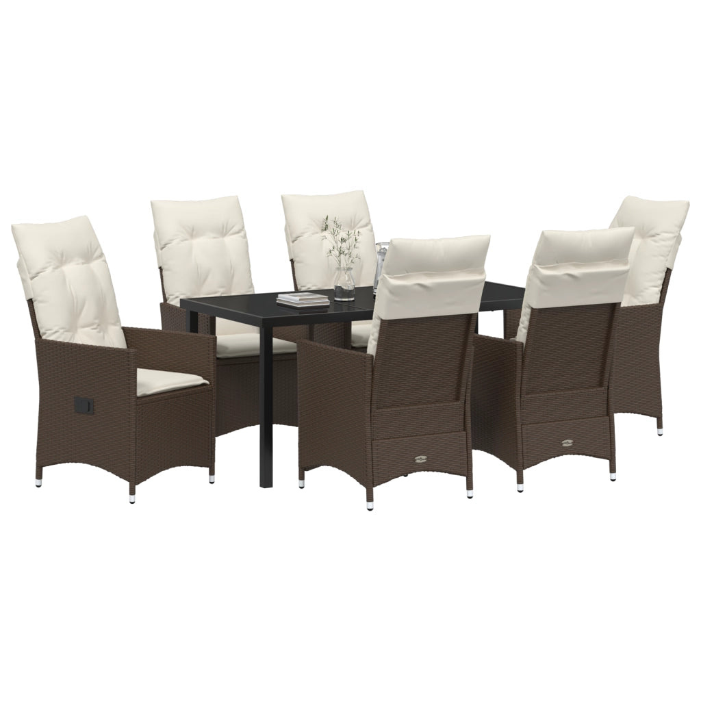 Set da pranzo da giardino 7 pezzi con cuscini in polirattan marrone