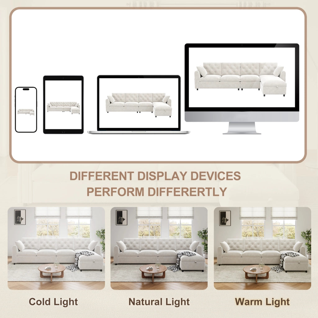 Divano angolare letto con contenitore e tasche laterali in velluto beige