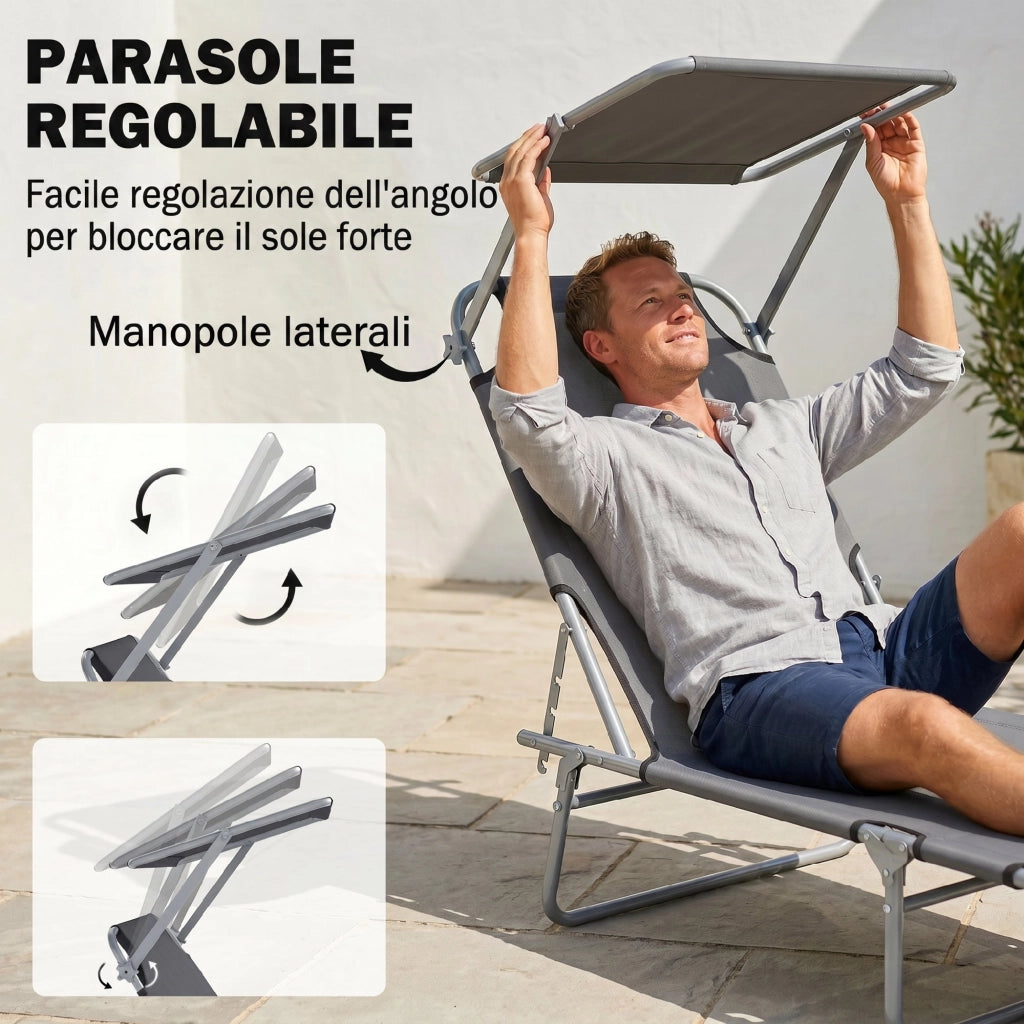 Lettino Prendisole da Giardino Pieghevole e Regolabile con Tettuccio in Tessuto Grigio. 187x58x50 cm