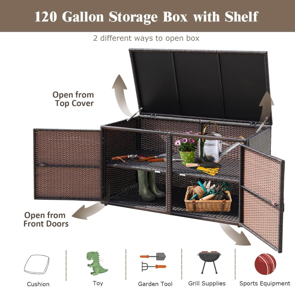 Cassapanca Contenitore da Esterno da 330L in Rattan, Telaio in Acciaio, Baule da Giardin Resistente ai Raggi UV, Mobile Balcone Impermeabile a 2 Ripiani per Cortile, 115x60x65 cm (Marrone)