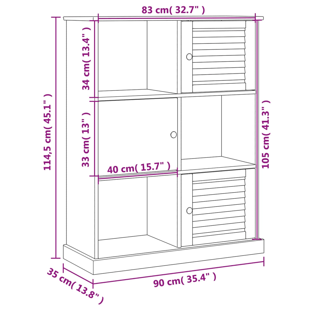 Libreria-Scaffale per Libri-Mobile di Stoccaggio VIGO 90x35x114,5 cm in Legno Massello di Pino Grigio