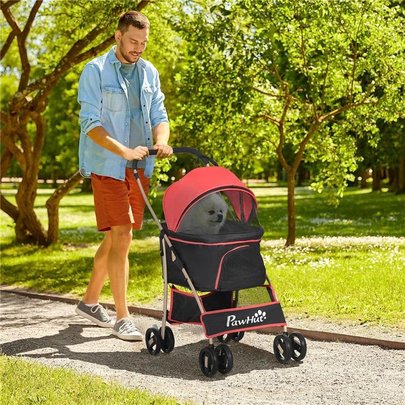 PASSEGGINO PER CANI CONVERTIBILE CON 2 GUINZAGLI E CUSCINO IN ACCIAIO E POLIESTERE, 82X49.5X98 CM ROSSO E NERO