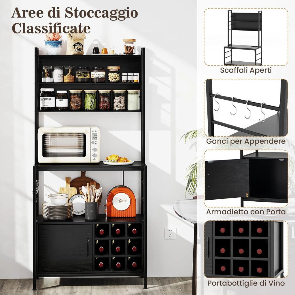 Scaffale da Cucina con Multipresa, Scaffale per Microonde su 5 Ripiani, Mensola da Cucina con 4 Ganci e 9 Portabottiglie di Vino per Sala Pranzo, 107 x 37 x 160 cm (Nero)