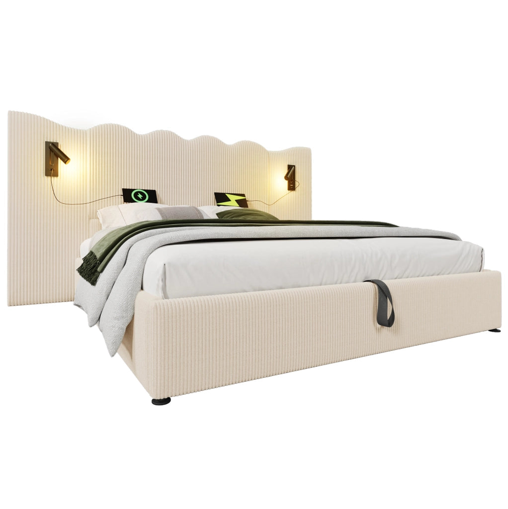 Letto matrimoniale 180x200 cm in tessuto corduroy beige e bianco con luce da lettura; USB e contenitore