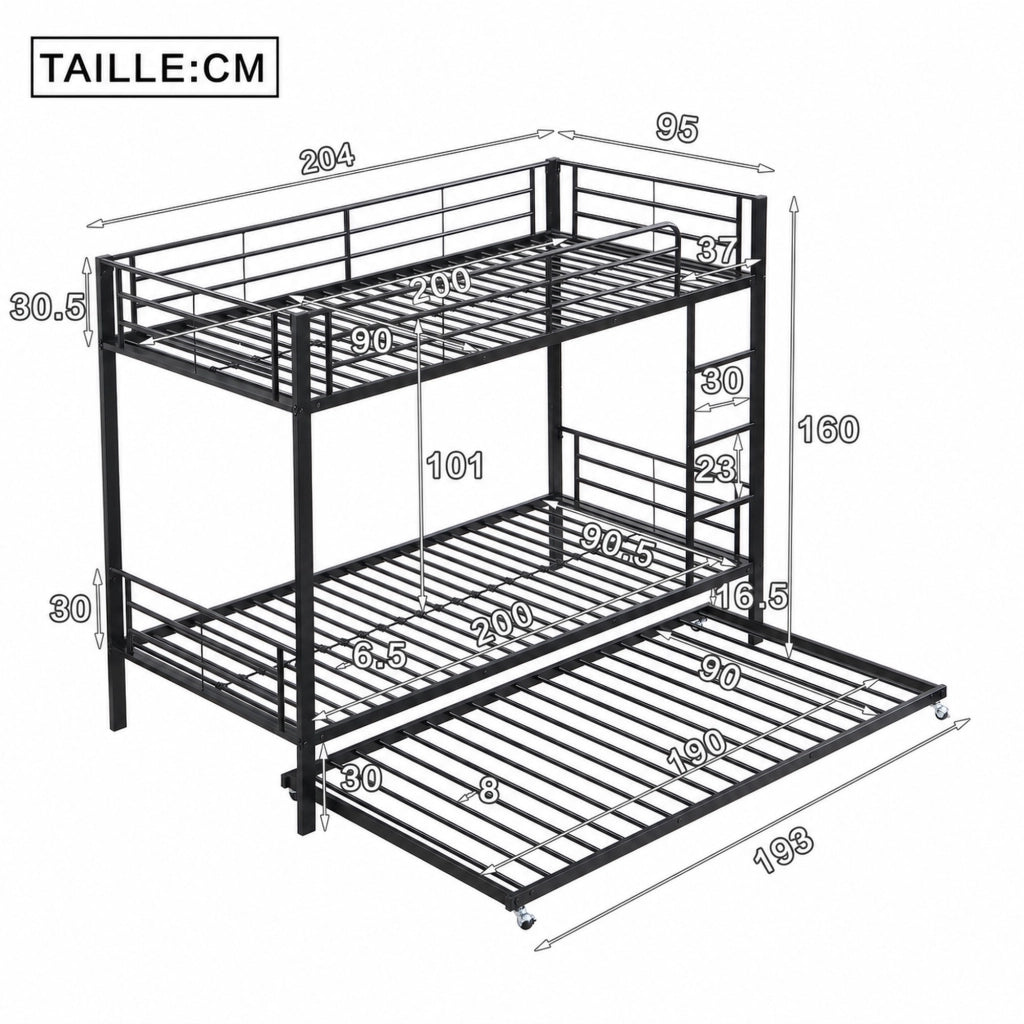 Letto a castello 90 × 200 cm e 90 × 190 cm con letto estraibile, senza materasso, in metallo, nero