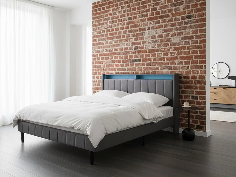 Letto matrimoniale LED Grigio Scuro Tessuto EU Super King Size 160 x 200 cm Testiera imbottita con porta USB Desing moderno
