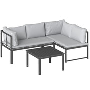 Set 3 Pezzi da Giardino con Divano Angolare Modulabile 4 Posti e Tavolino a Doghe in Metallo e Poliestere Grigio
