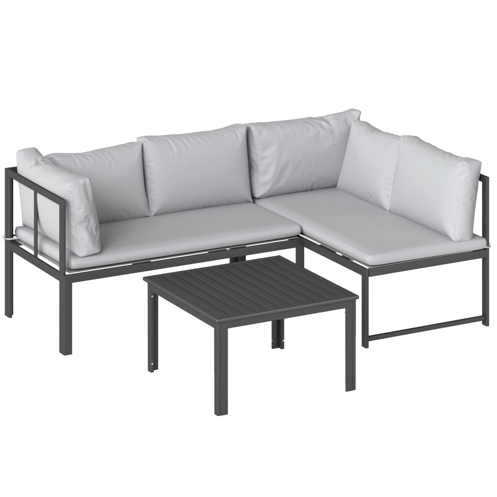 Set 3 Pezzi da Giardino con Divano Angolare Modulabile 4 Posti e Tavolino a Doghe in Metallo e Poliestere Grigio
