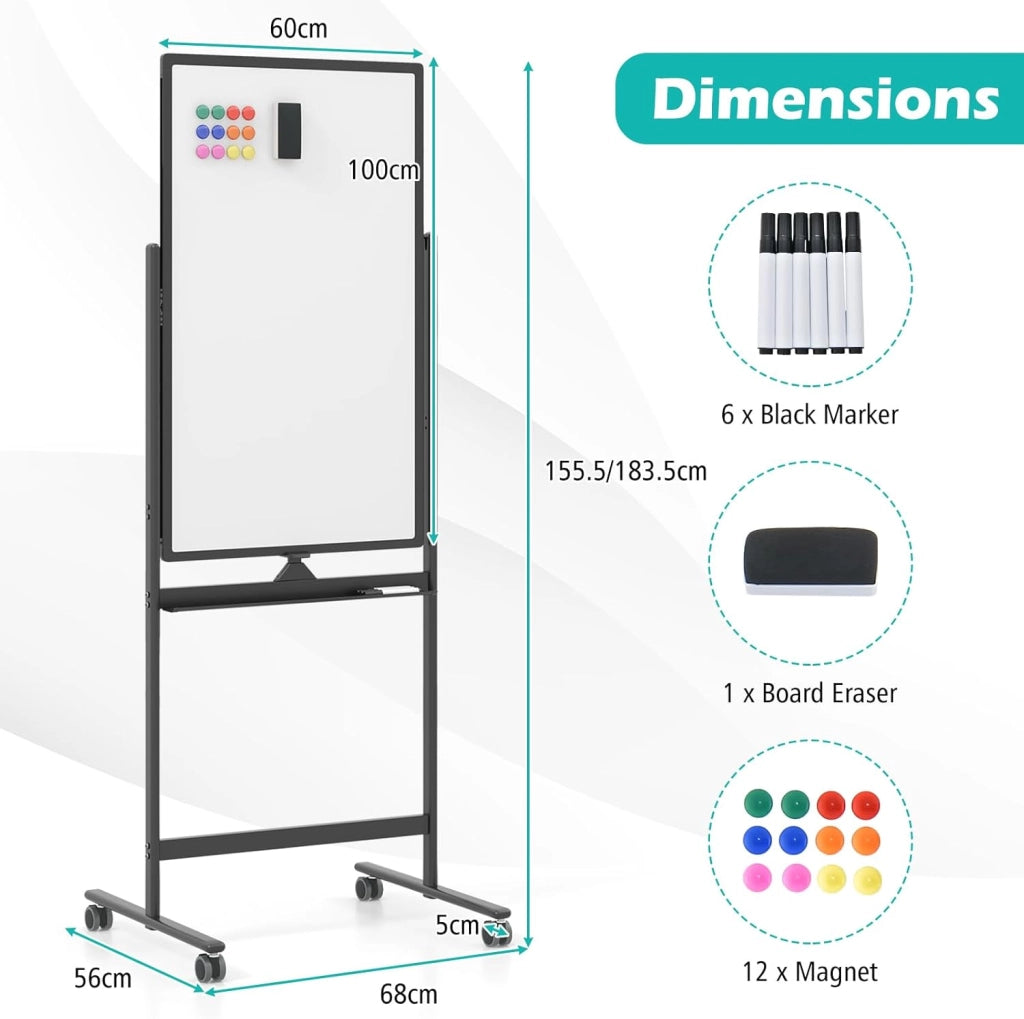 Lavagna bianca mobile double face, 60 x 90 cm, lavagna magnetica su gambe regolabile in 2 altezza, cancellabile a secco, pennarelli neri, cancellatore, magneti (nero, 60 x 100 cm)