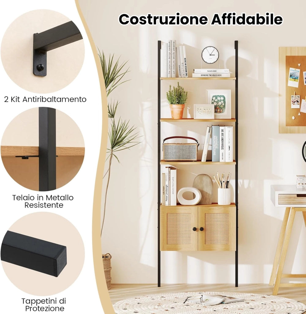 Libreria a Scala a 5 Ripiani con Armadio in Rattan, Scaffale da Parete con Struttura in Metallo, Organizzatore di Stoccaggio per Soggiorno Studio Ufficio, 60x31,5x184 cm