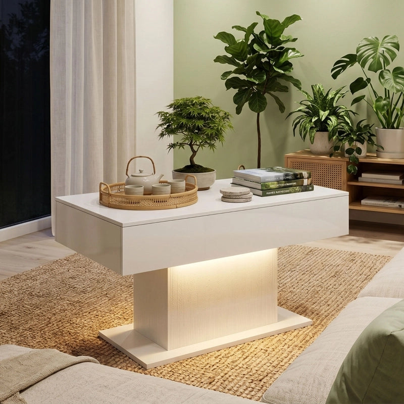 Tavolino basso con LED RGB, 2 cassetti e telecomando, finitura lucida bianca, per soggiorno, 120 × 56 × 13 cm