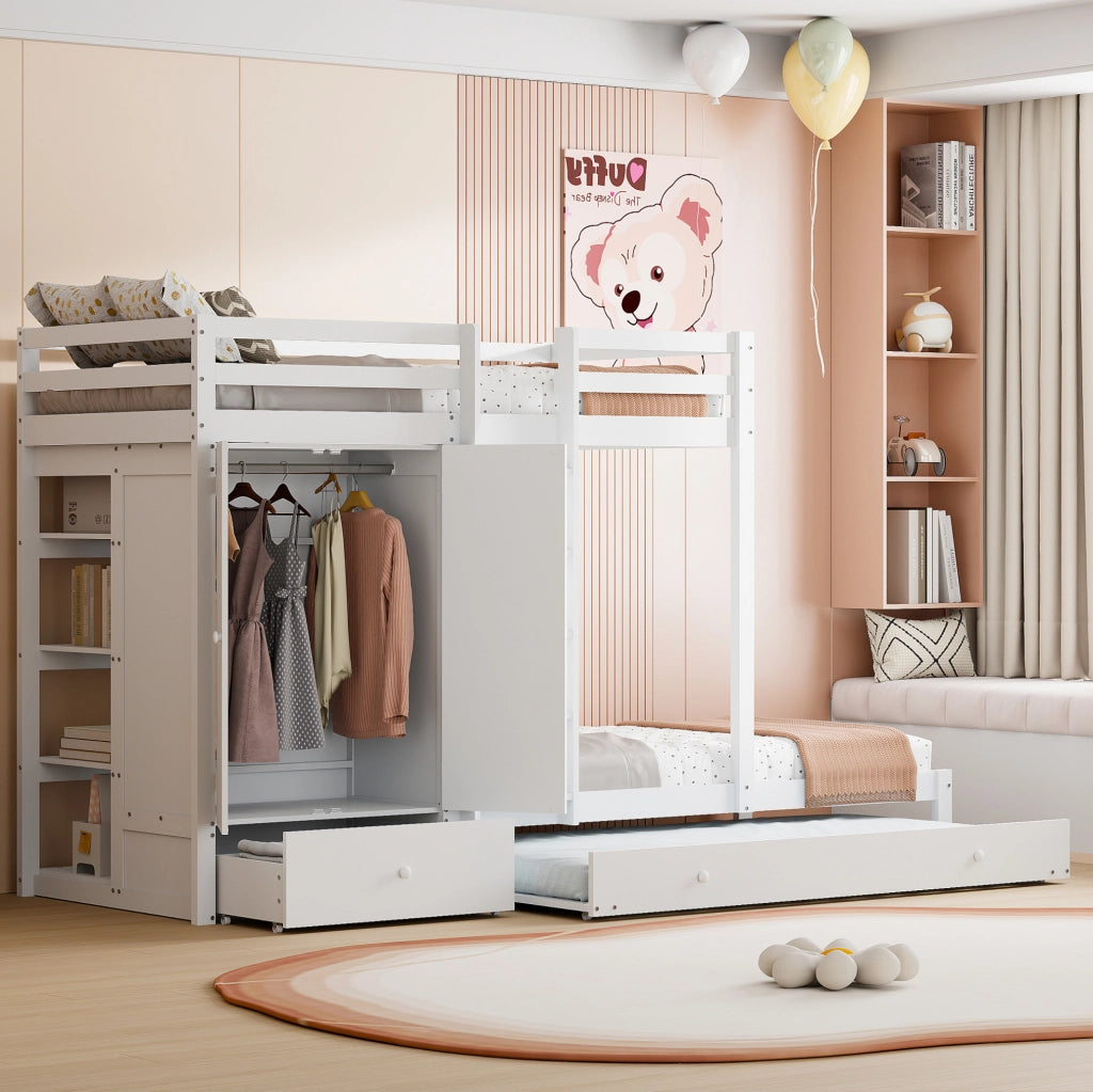 Letto a castello 90x200 estraibile con armadio e cassetti bianco