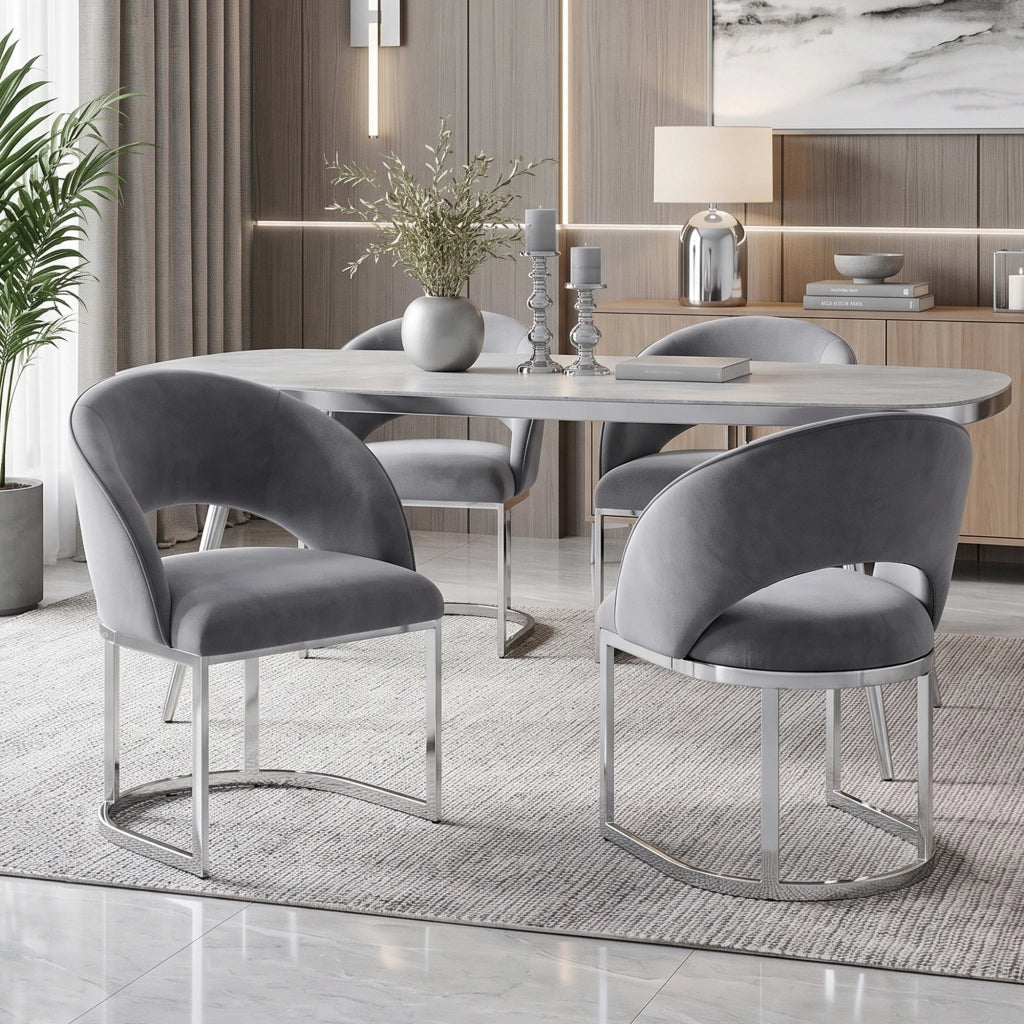 Set di 2 sedie da pranzo in velluto grigio con gambe in metallo argentato, design moderno, montaggio semplice