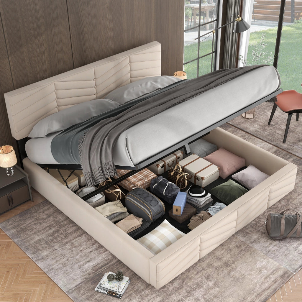 Letti contenitori 180x200 cm; testiera regolabile; velluto beige (Senza materasso)