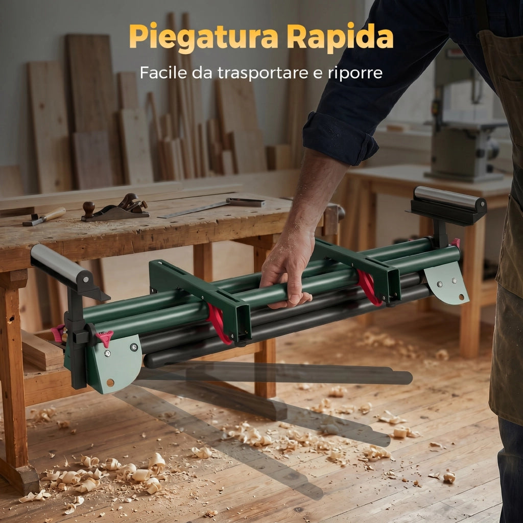 Supporto per Troncatrice con Bracci Regolabili. Gambe Pieghevoli. Altezza Regolabile. Capacit¨¤ 150 kg. Verde