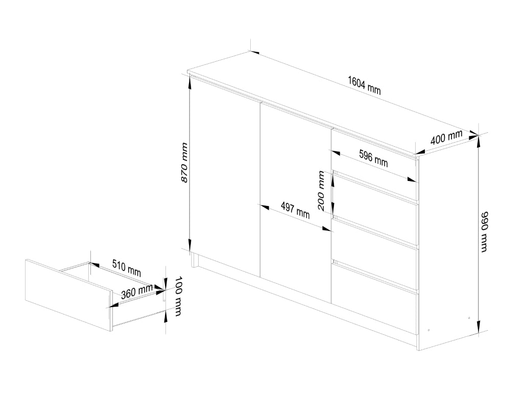 Cassettiera AKORD K013 Cassettiera Bianca 160 cm 2 ante 4 cassetti 160x40x99 cm