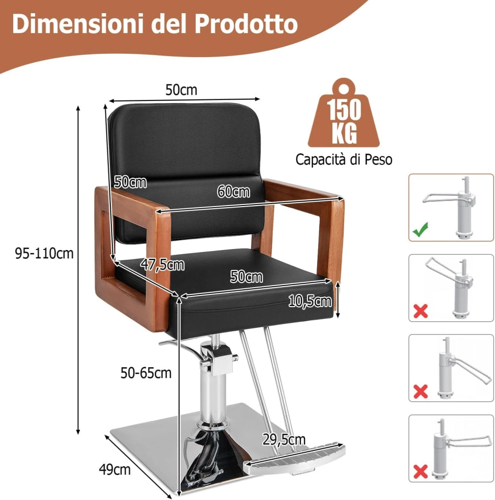 Poltrona da Barbiere, Sedia da Barbiere Girevole a 360°, Regolabile in Altezza, con Braccioli in Legno Massello, Portata 150 kg