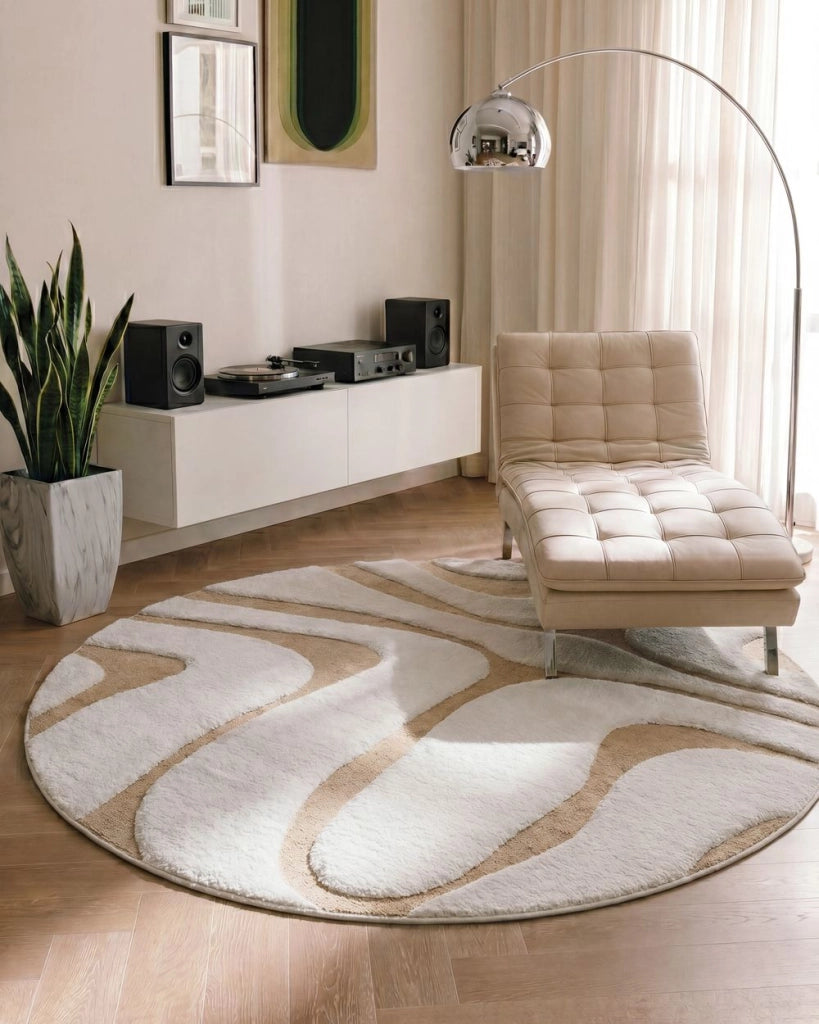 Tappeto Rotondo da Soggiorno Beige e Bianco Jacquard 160 x 230 cm a Pelo Alto in Poliestere con Retro Antiscivolo Stile Moderno