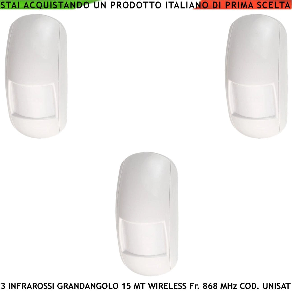 Sensore Infrarosso 15 Metri Grandangolo Tre Pezzi Rileva Movimento Allarme Via Radio Bidirezionale Codifica UNISAT2 Anti Jamming Antimanomissione Antifurto Rileva Estranei Sensore look down da Interno