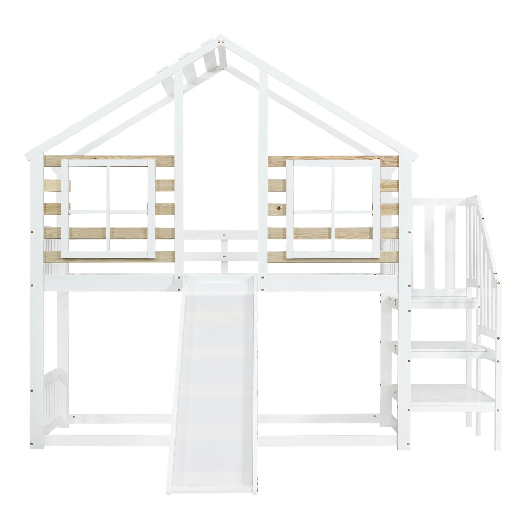 Letto a Castello 90x200 cm; Letto 2 Posti - Con Scala; Scivolo e Finestre - Bianco