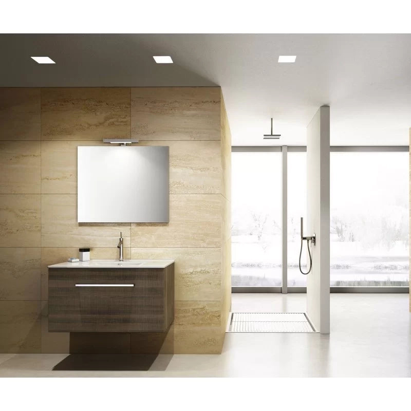 Mobile bagno sospeso noce tranchè 90 cm serie kio con lavabo e specchio