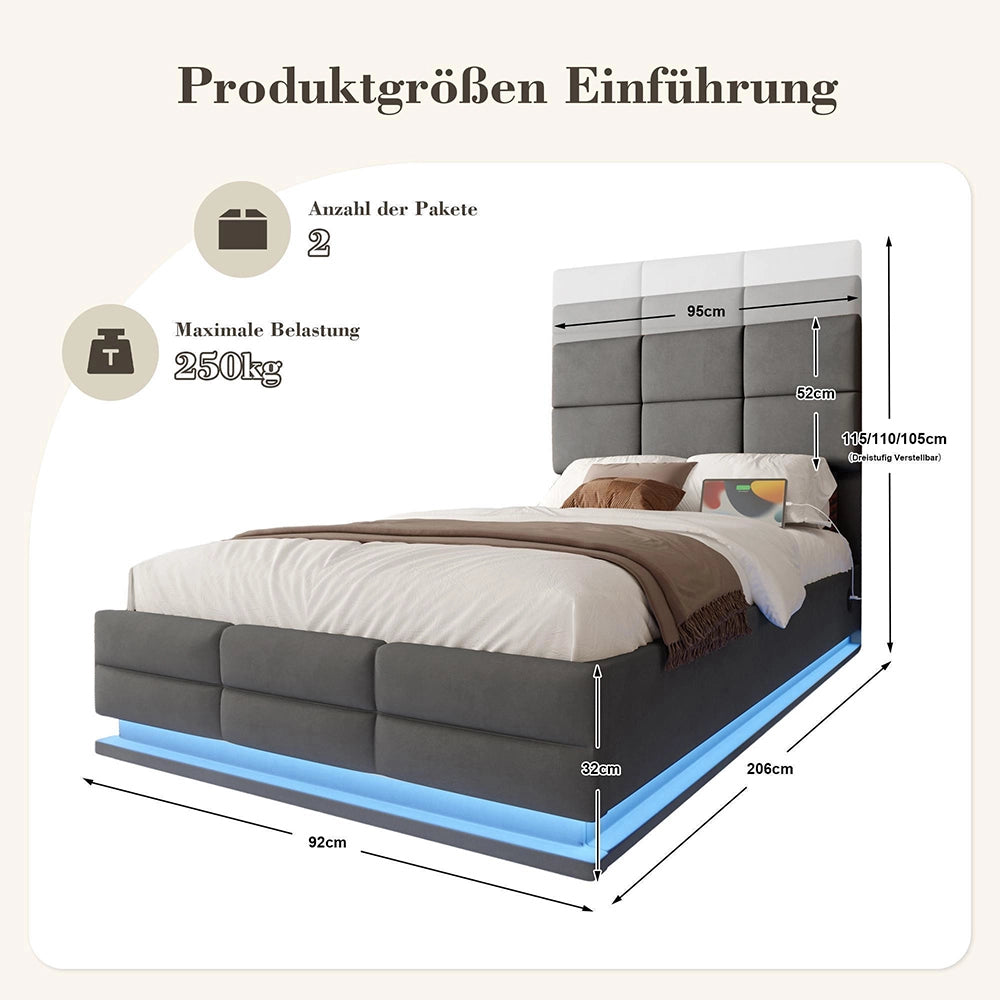 Letto 90x200cm imbottito - Xylo - velluto grigio USB idraulico LED