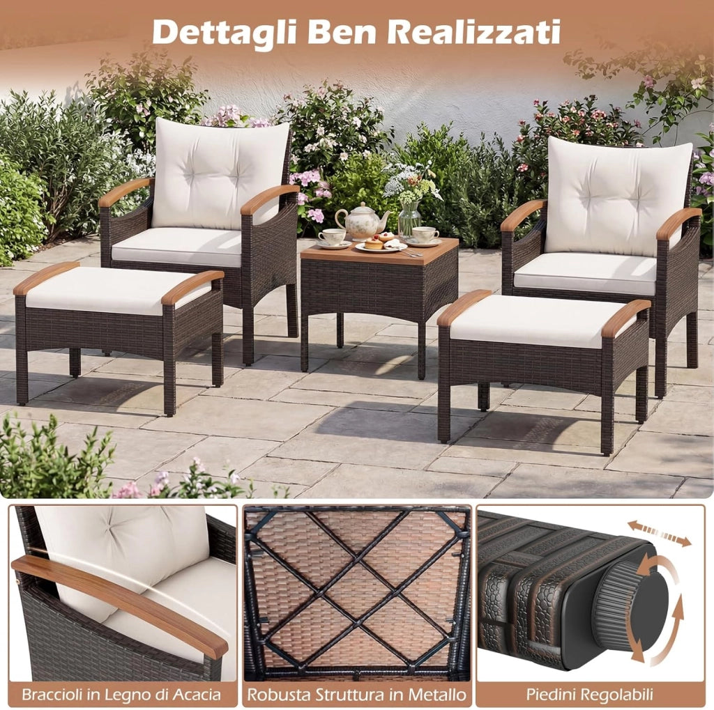 Set Salotto da Giardino in Rattan da 5 Pezzi, Set in Vimini per Esterni con Cuscini per Sedili e Schienale, Comodo Tavolino e 2 Ottomane, per Giardino Cortile Piscina (Bianco)