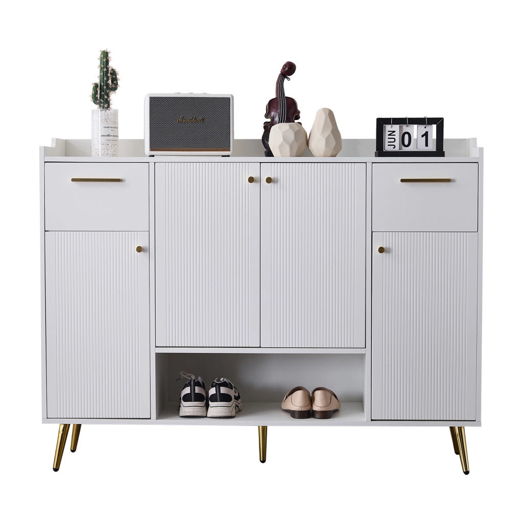 Armadio per scarpe con 2 cassetti e 4 ante - Zephmum - B130xL37xH100 cm - Bianco - Piedini in metallo
