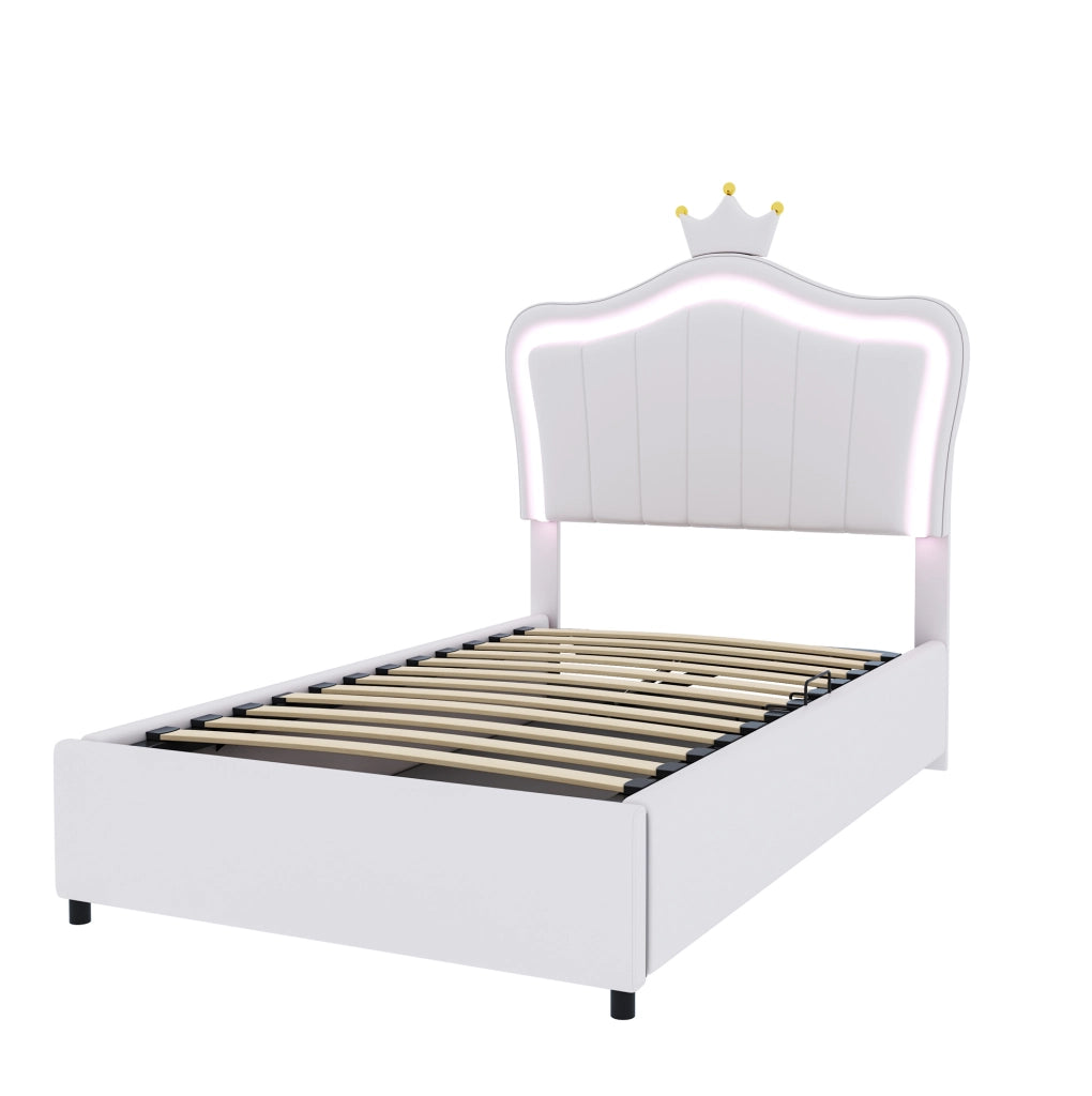 Letto imbottito per bambini 90x200 cm con LED; contenitore idraulico; testiera a conchiglia bianca