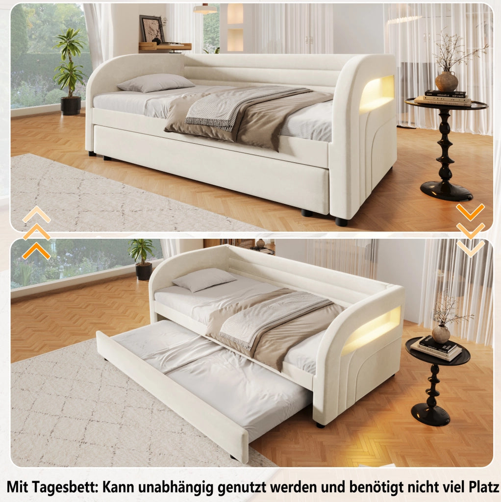 Letto imbottito 90x200 cm beige con letto estraibile e LED