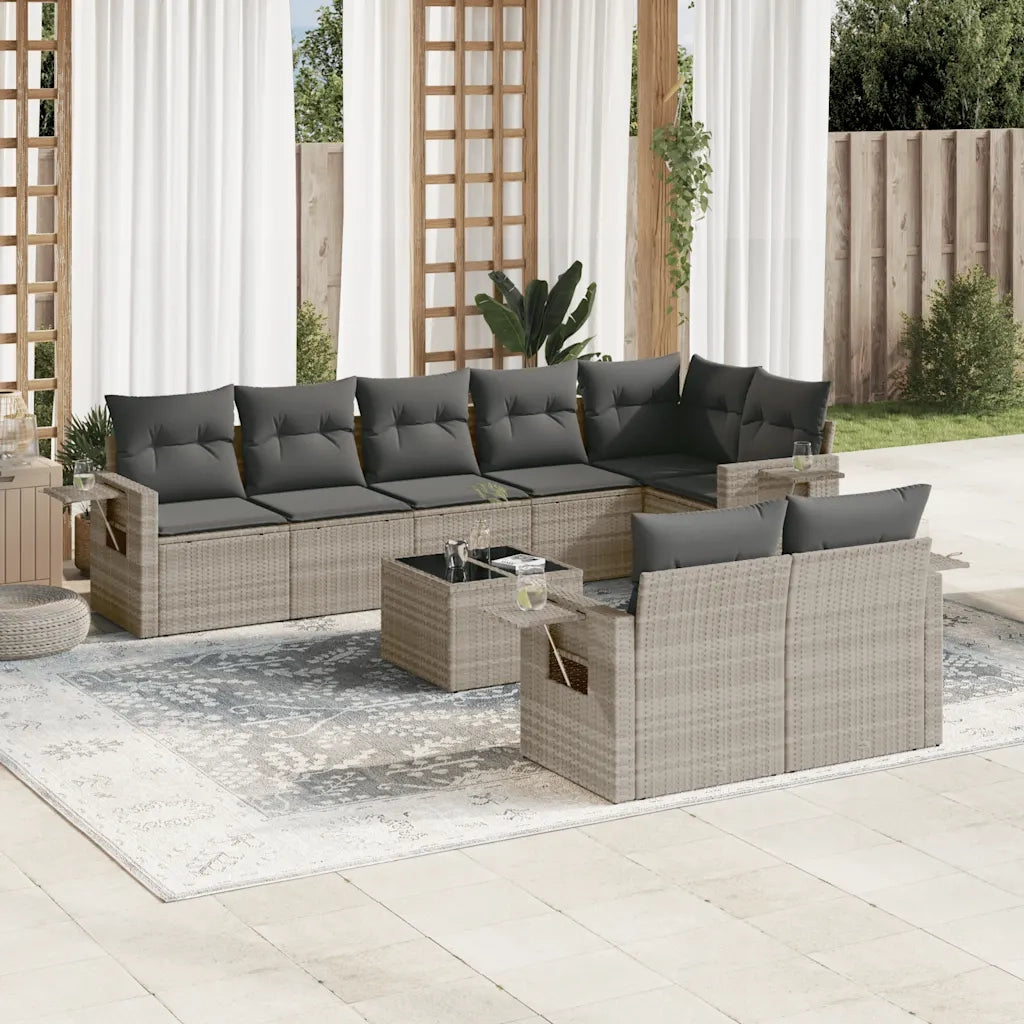 Set Divano da Giardino 9pz con Cuscini Grigio Chiaro Polyrattan
