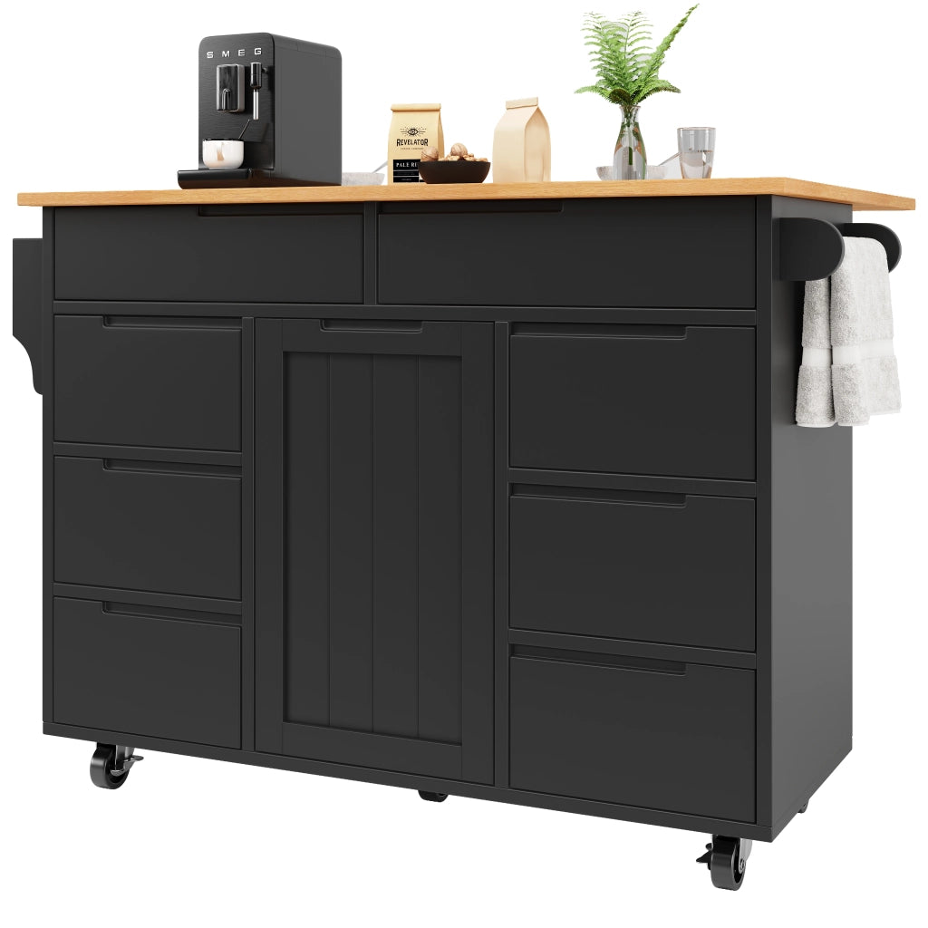 OKWISH Carrello da Cucina con 8 Cassetti, 1 Anta, Ripiano Regolabile, Piano Pieghevole e Ruote, MDF, Nero, 122 x 46 x 91.5 cm