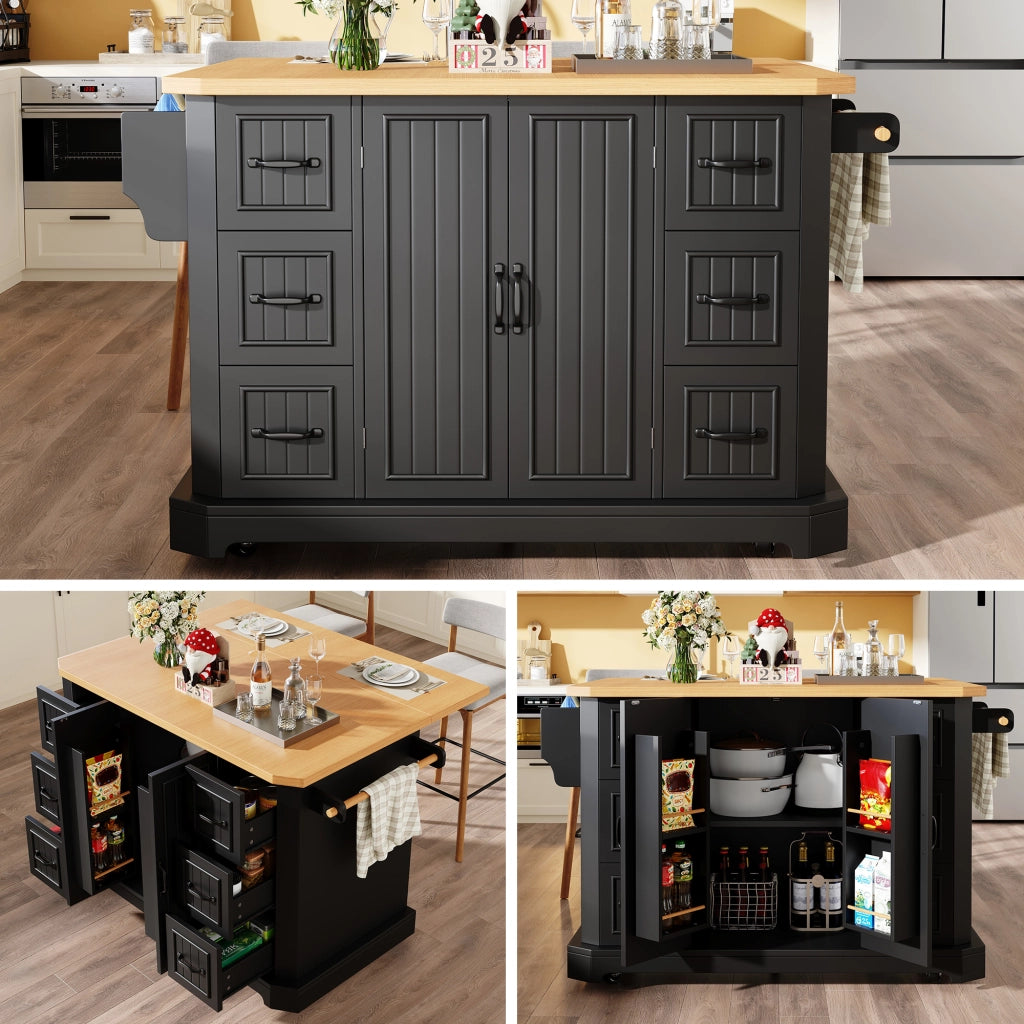 Isola Cucina Mobile con 2 Ante e 6 Cassetti ¨C MINIMAL ¨C Bianco/Nero, 120x45x91 cm