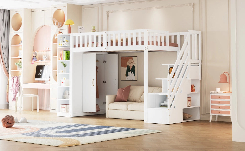 Letto a soppalco multifunzione 90x200 cm con armadio ampio, mensole e scaletta di sicurezza bianco
