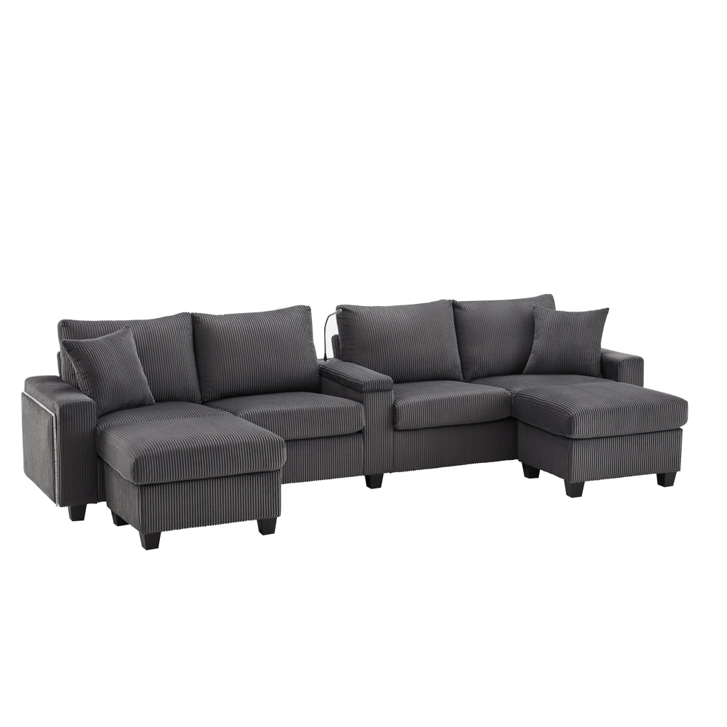 Divano a U in velluto a coste con 2 pouf contenitore; LED; USB e Type-C; grigio 334x128;5x81 cm
