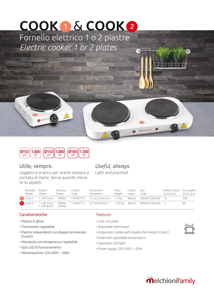Melchioni Family | Fornello Elettrico COOK2, con 2 Piastre Elettriche Indipendenti da 15 e 18 cm, Termostato Regolabile, Potenza 1000W e 1500W, Fornello da Campeggio Resistente alle Temperature