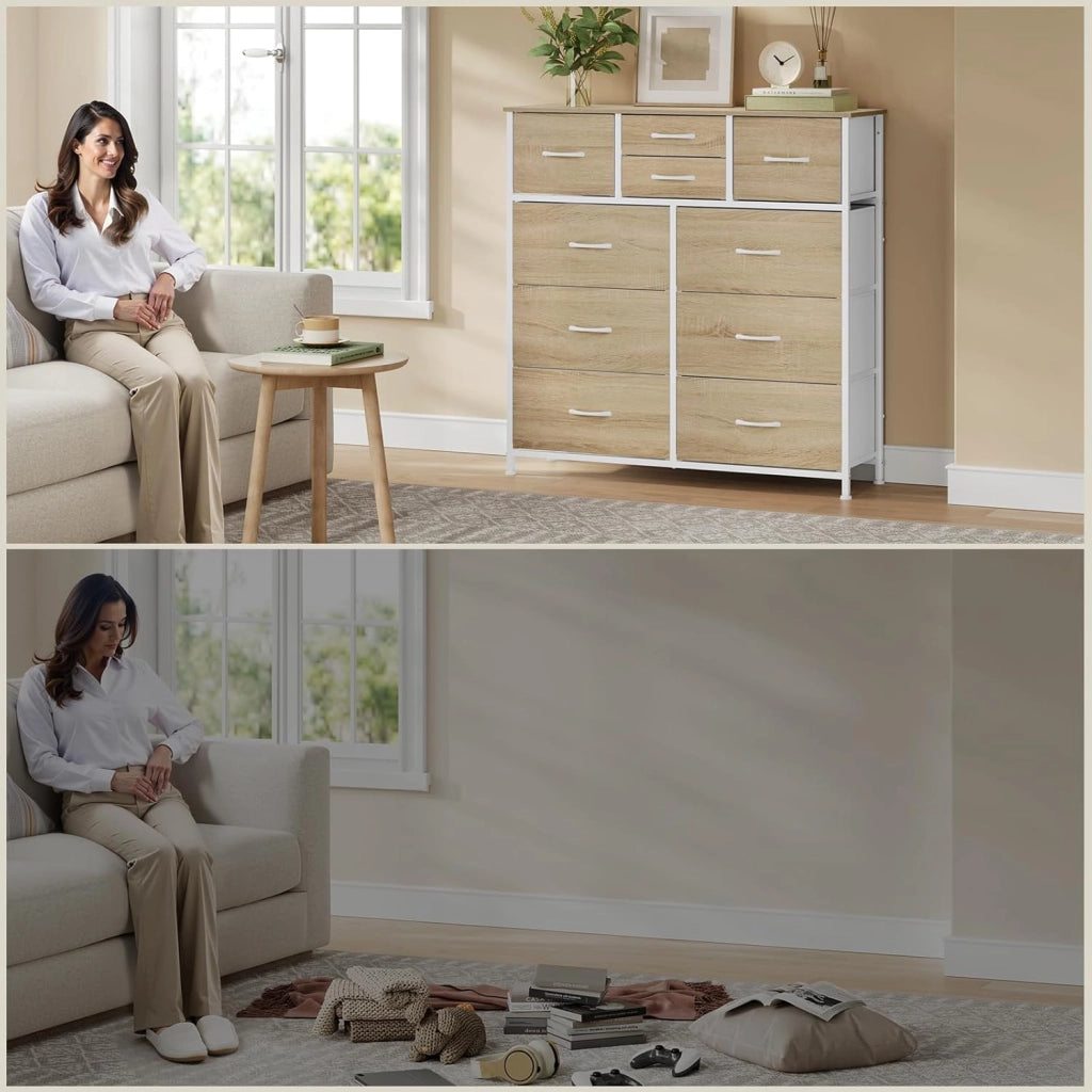 Cassettiera, 10 Cassetti di 3 Dimensioni per Camera da Letto/Corridoio/Soggiorno, Cassettiera in Tessuto, Rovere Chiaro+Bianco, Struttura in Metallo, Legno Lngegnerizzato E1