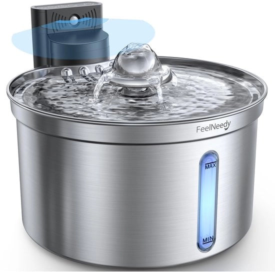 Fonteino per animali con sensor per acqua e batteria, 3,5L, FEELNEEDY [FN-W19] - Fonteino con separazione acqua e batteria, batteria 4000mAh, 3 modalità di funzionamento, 1 filtro attivato carbonio
