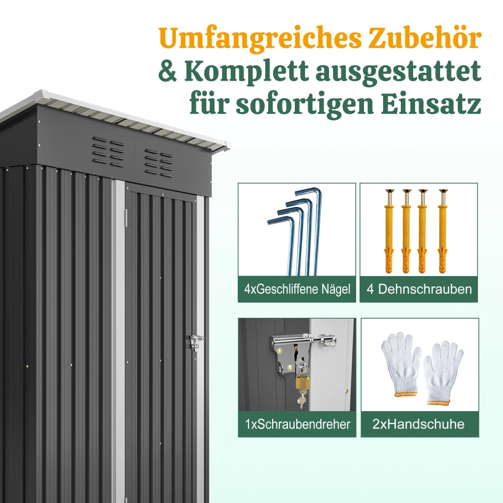 Armadio da giardino con porta in metallo chiudibile senza finestre in acciaio nero per attrezzi 152 × 84 × 182 cm