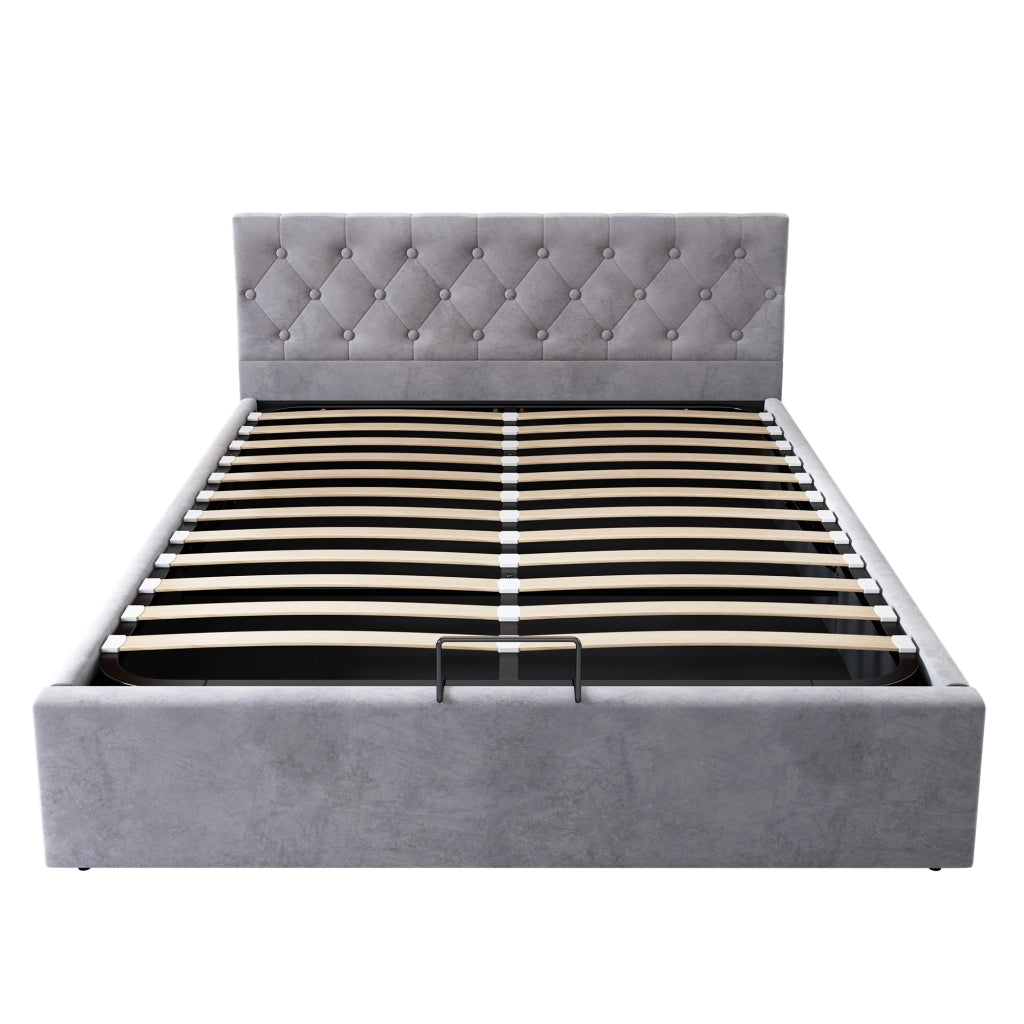 OKWISH Letto Contenitore 140×200 cm, Letto Matrimoniale con Vano Contenitore Idraulico e Testiera Trapuntata, senza Materasso, in Velluto, Grigio