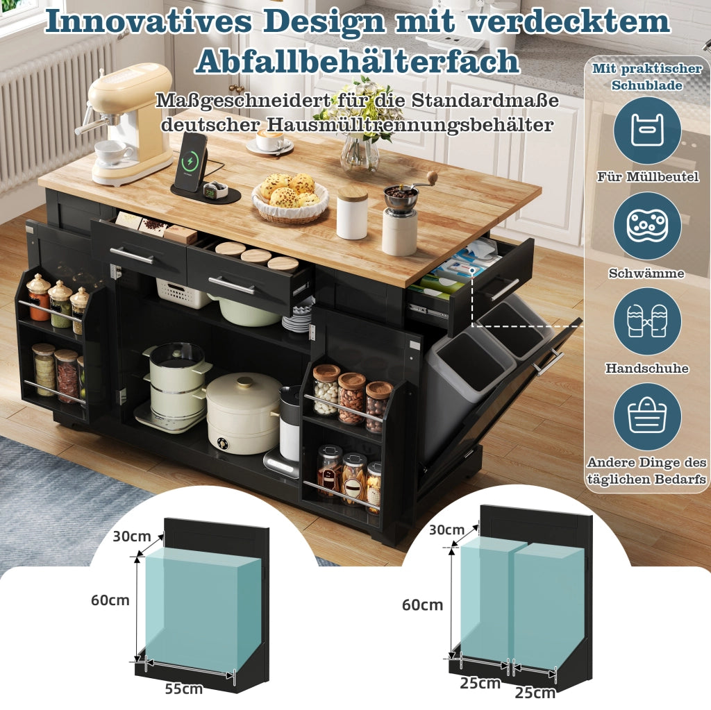 Isola cucina mobile 138 cm con piano ribaltabile e prese
