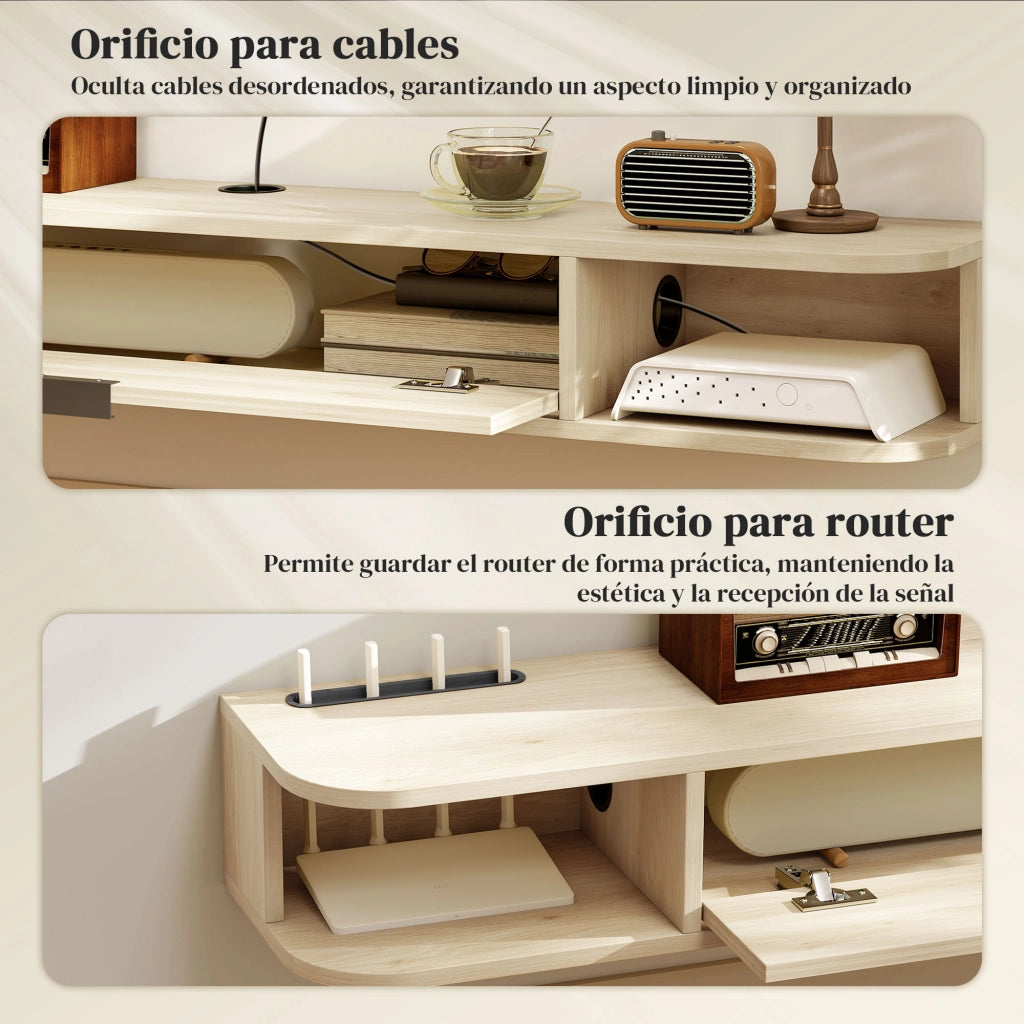 Mobile TV Sospeso con Cassetto e Ripiani Aperti ¨C Minimal ¨C 140x24x16 cm Legno Naturale