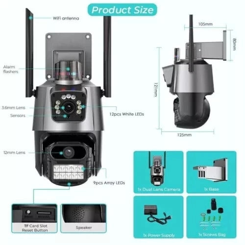 Telecamera di Sicurezza WiFi 4K PTZ Impermeabile IP66 Doppio Obiettivo APP ICSEE