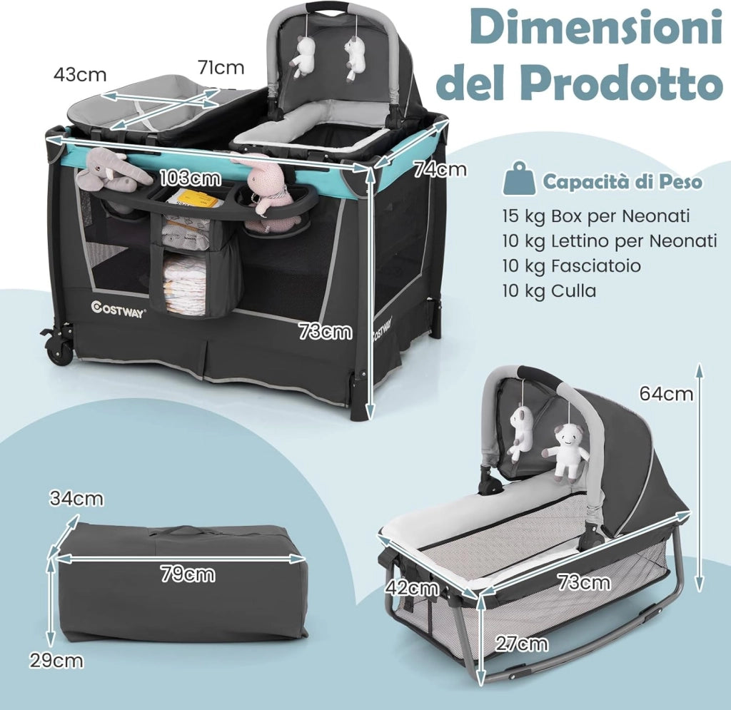 Lettino da Campeggio Pieghevole 5 in 1, Box Bambini con Culla Removibile, Fasciatoio, Materasso, Ripiano Portaoggetti, Ruote Bloccabili, per Bambini 0-36 Mesi (Verde, 103 x 74 x 73 cm)
