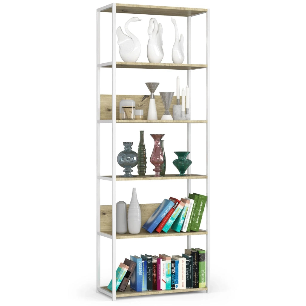 Scaffale stilo loft con ripiani in legno 70 cm Bianca 70 cm inserto frontale Quercia Artisan 70x32x192 cm